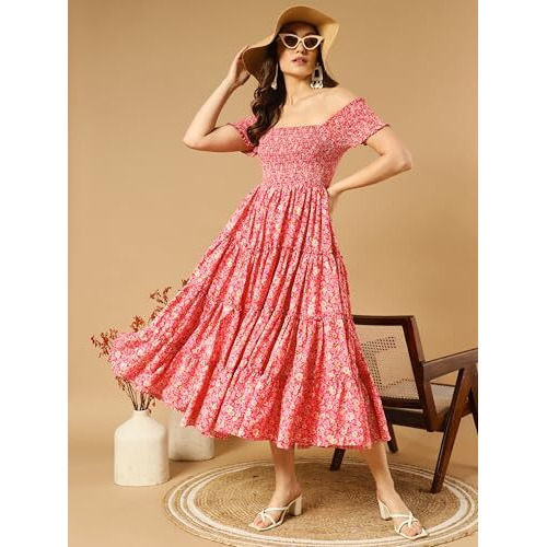Kzully Women's Crepe Smocked Midi Dress (7001-Pink-Flower-M-Print_Pink