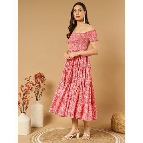 Kzully Women's Crepe Smocked Midi Dress (7001-Pink-Flower-M-Print_Pink