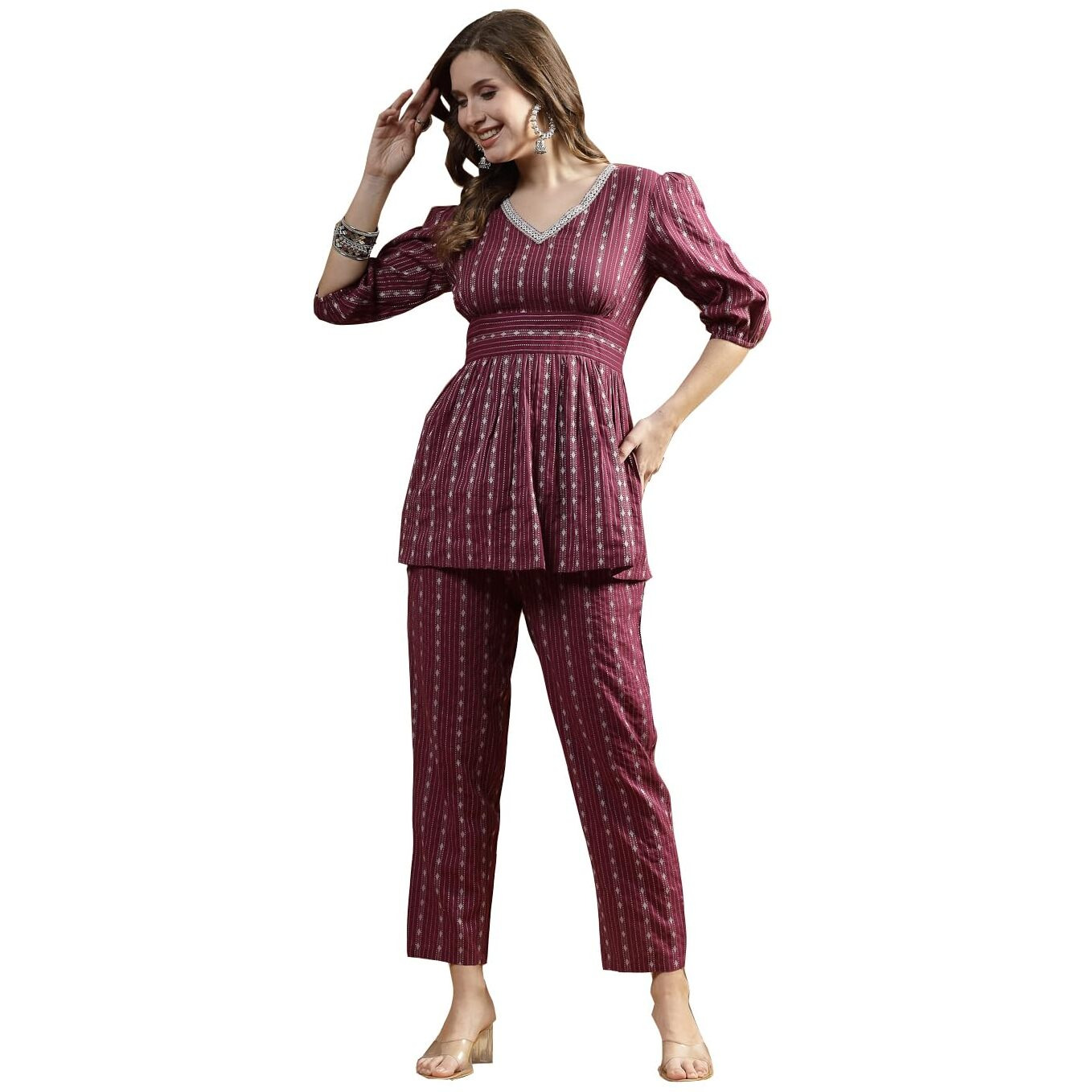 Stylum Women's Woven Design Cotton Co-Ord Set (Csramyawine42, Wine, Xl)