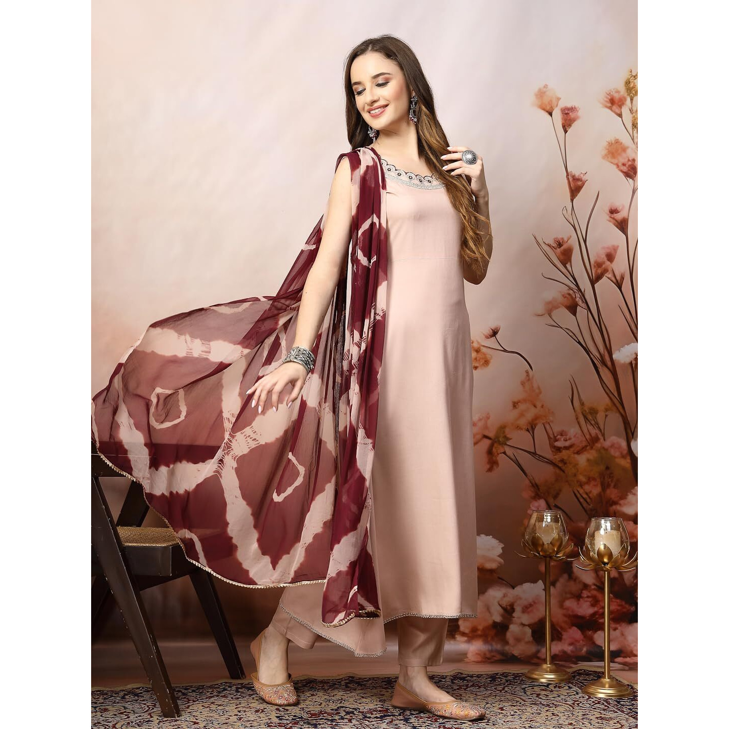 Stylum Women's Solid & Embroidered Rayon A-Line Kurta Dupatta Set (Kdblushjacob38_Rose Gold, M)