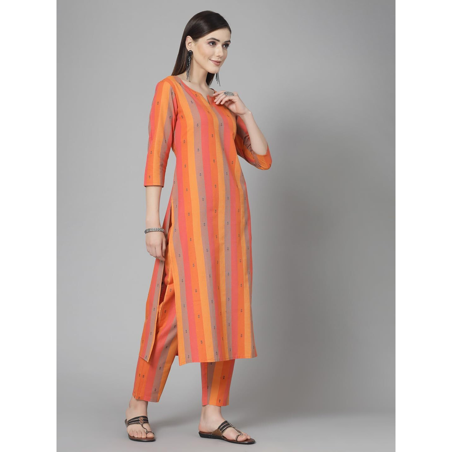 Stylum Women's Woven Design Cotton Blend Straight Kurta Pant Set (Kporangeoreo38_Orange, M)