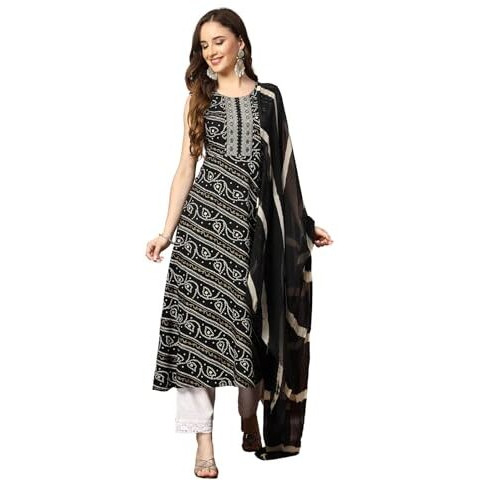 Stylum Women's Bandhani Printed & Embroidered Rayon A-Line Kurta Dupatta Set (Kdblackbango34_Black, Xs)