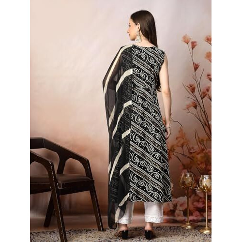 Stylum Women's Bandhani Printed & Embroidered Rayon A-Line Kurta Dupatta Set (Kdblackbango34_Black, Xs)