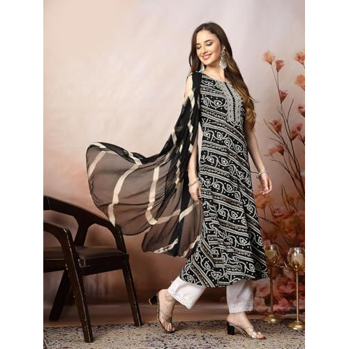 Stylum Women's Bandhani Printed & Embroidered Rayon A-Line Kurta Dupatta Set (Kdblackbango34_Black, Xs)