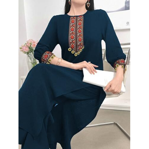 Tadkee Women's Vintage Patchwork With Pendant Decor Lace | 3/4 Sleeve | Kurta Set For Women (Fn-Pop-Lace-Kurta-Set-122-Teal-L)