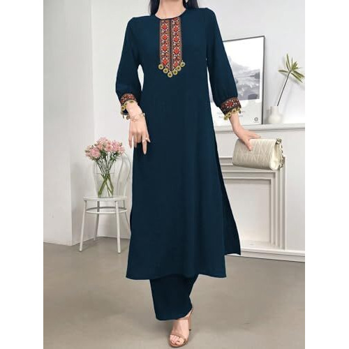 Tadkee Women's Vintage Patchwork With Pendant Decor Lace | 3/4 Sleeve | Kurta Set For Women (Fn-Pop-Lace-Kurta-Set-122-Teal-L)