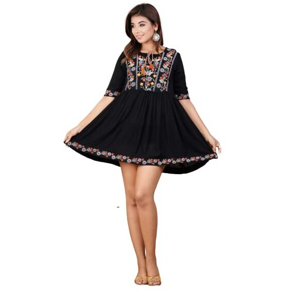 Digital Shopee Crepe Embroidery Short Flair Frock Regular Kurti | Kurta For Women Girls Black