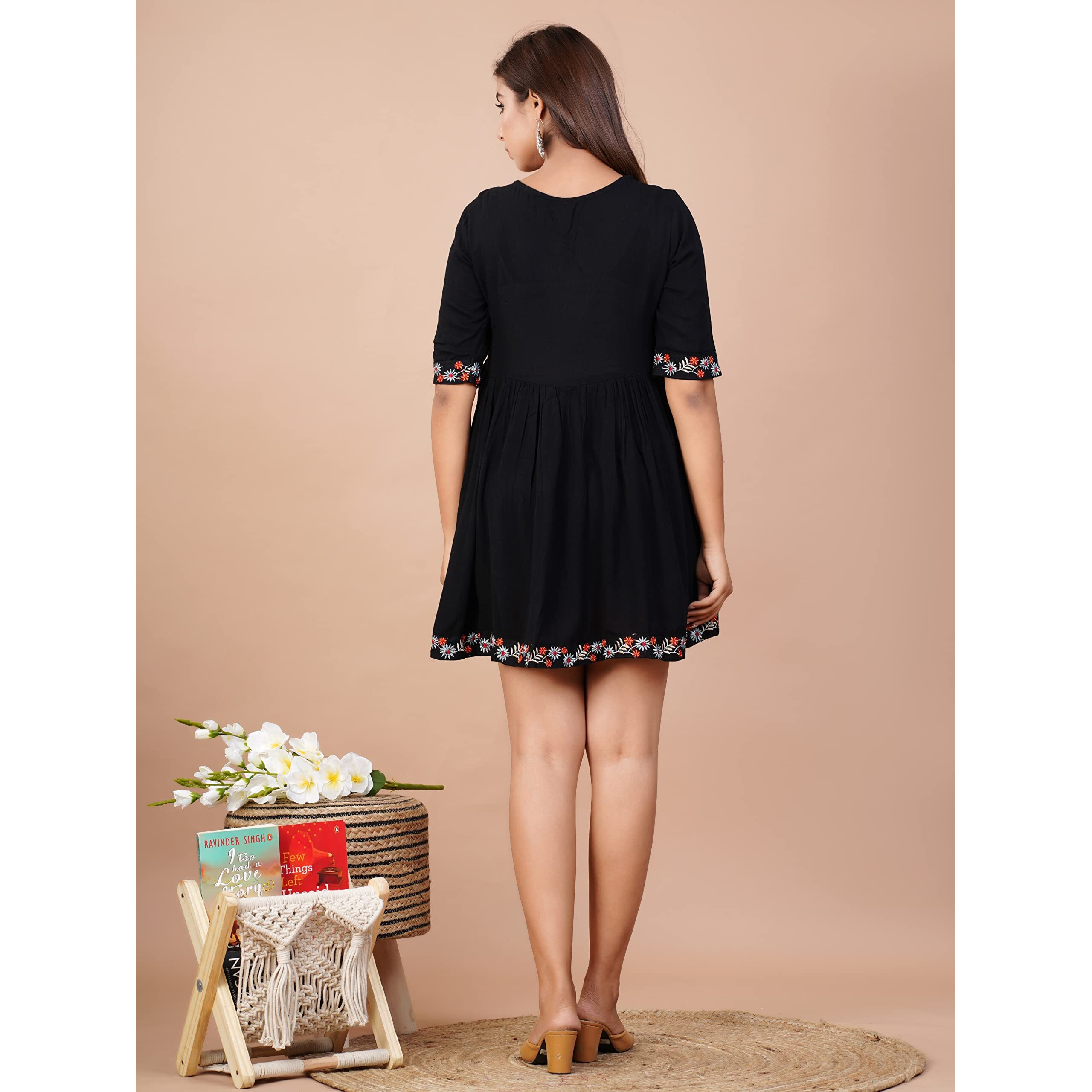 Digital Shopee Crepe Embroidery Short Flair Frock Regular Kurti | Kurta For Women Girls Black
