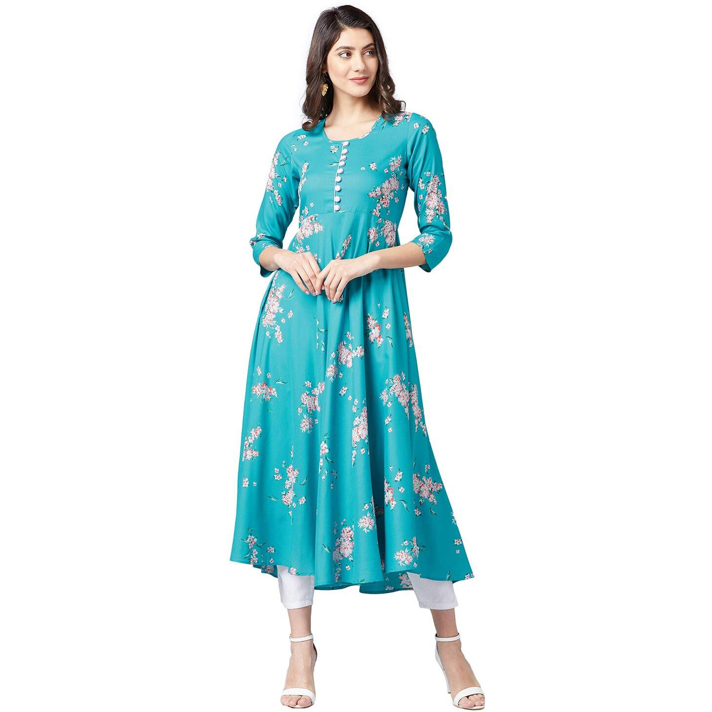 Tissu Women's Rayon Turquoise Printed A-Line Kurta (1937_Blue_S)