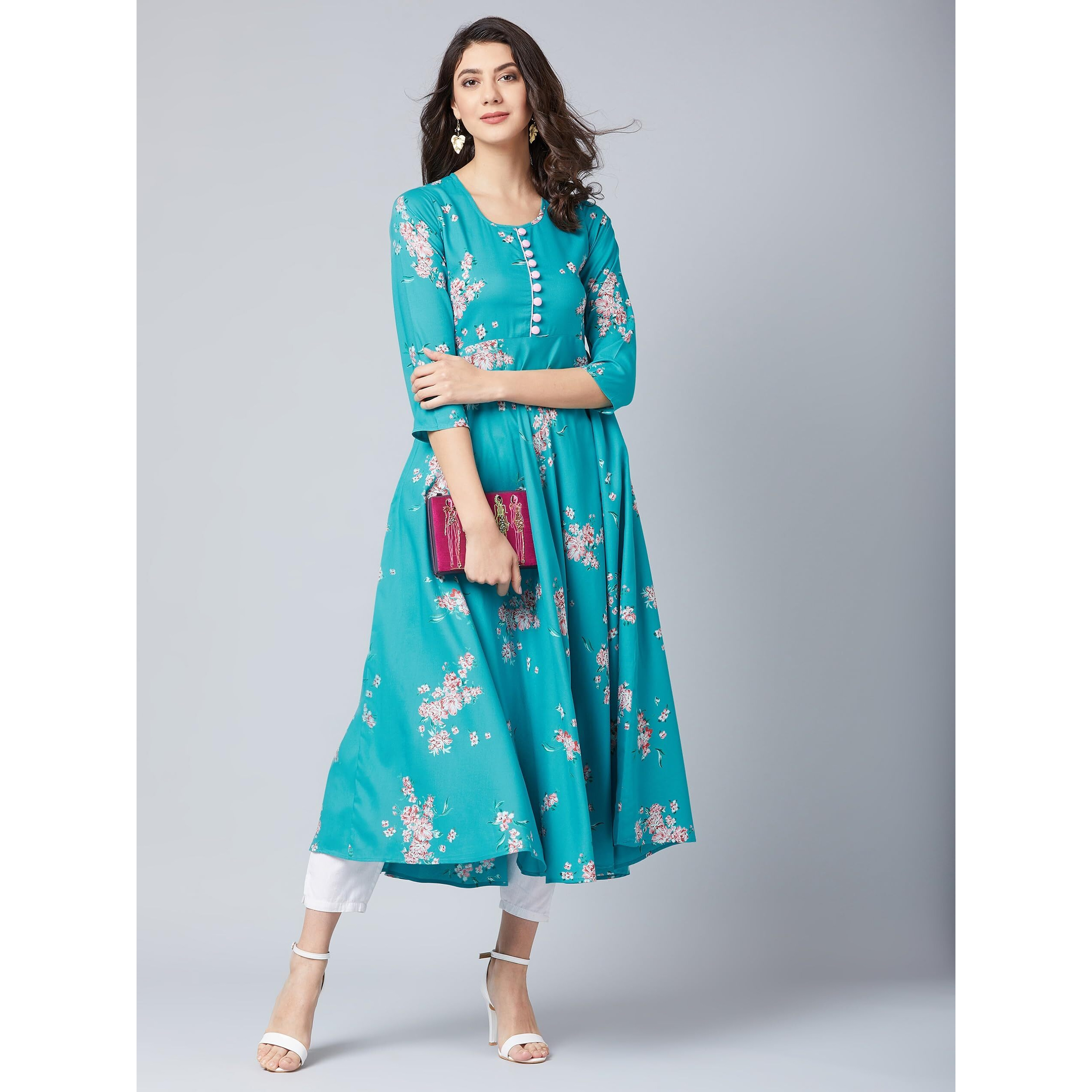 Tissu Women's Rayon Turquoise Printed A-Line Kurta (1937_Blue_S)