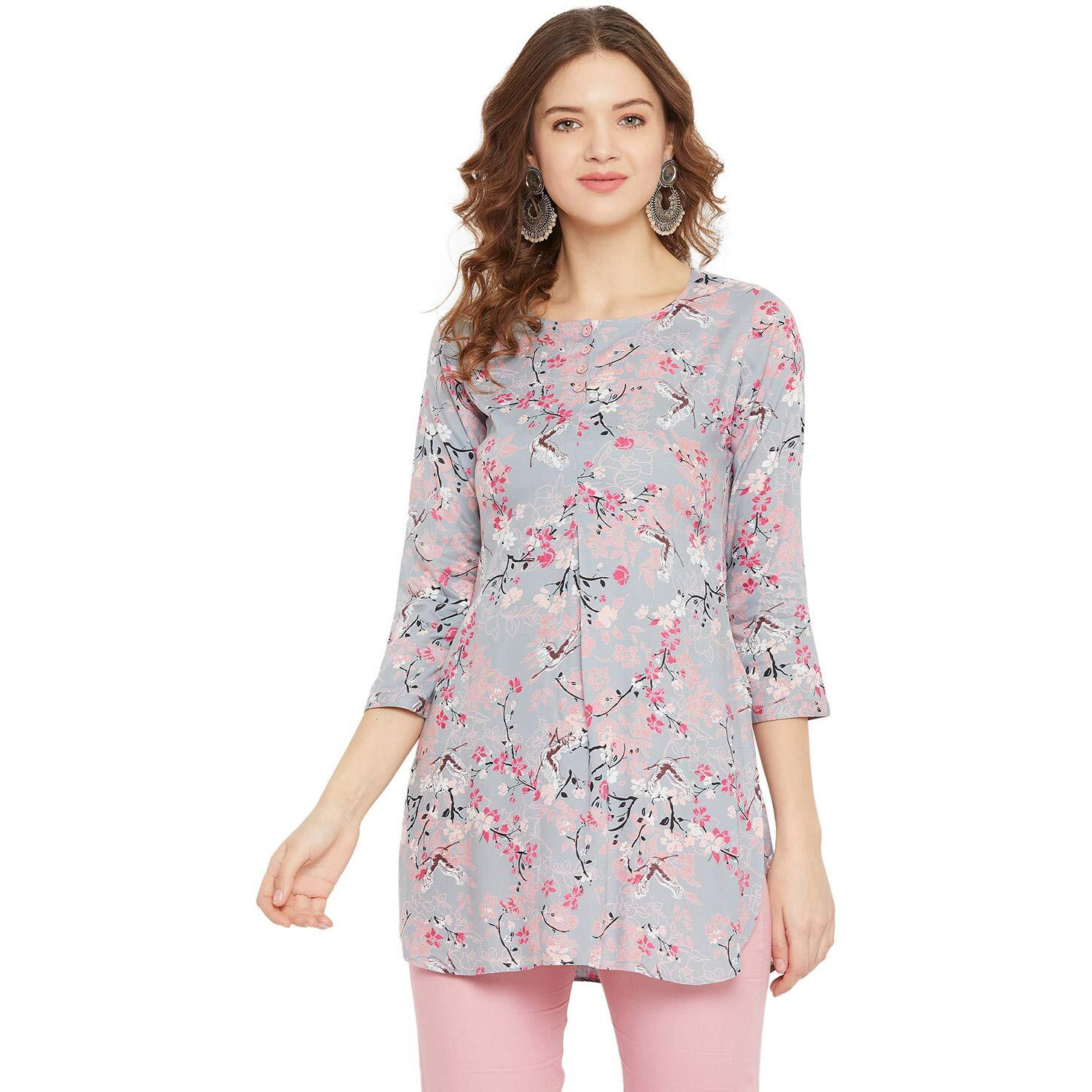Tissu Women's Grey & Pink Floral Printed Straight Kurti (Blue_M)