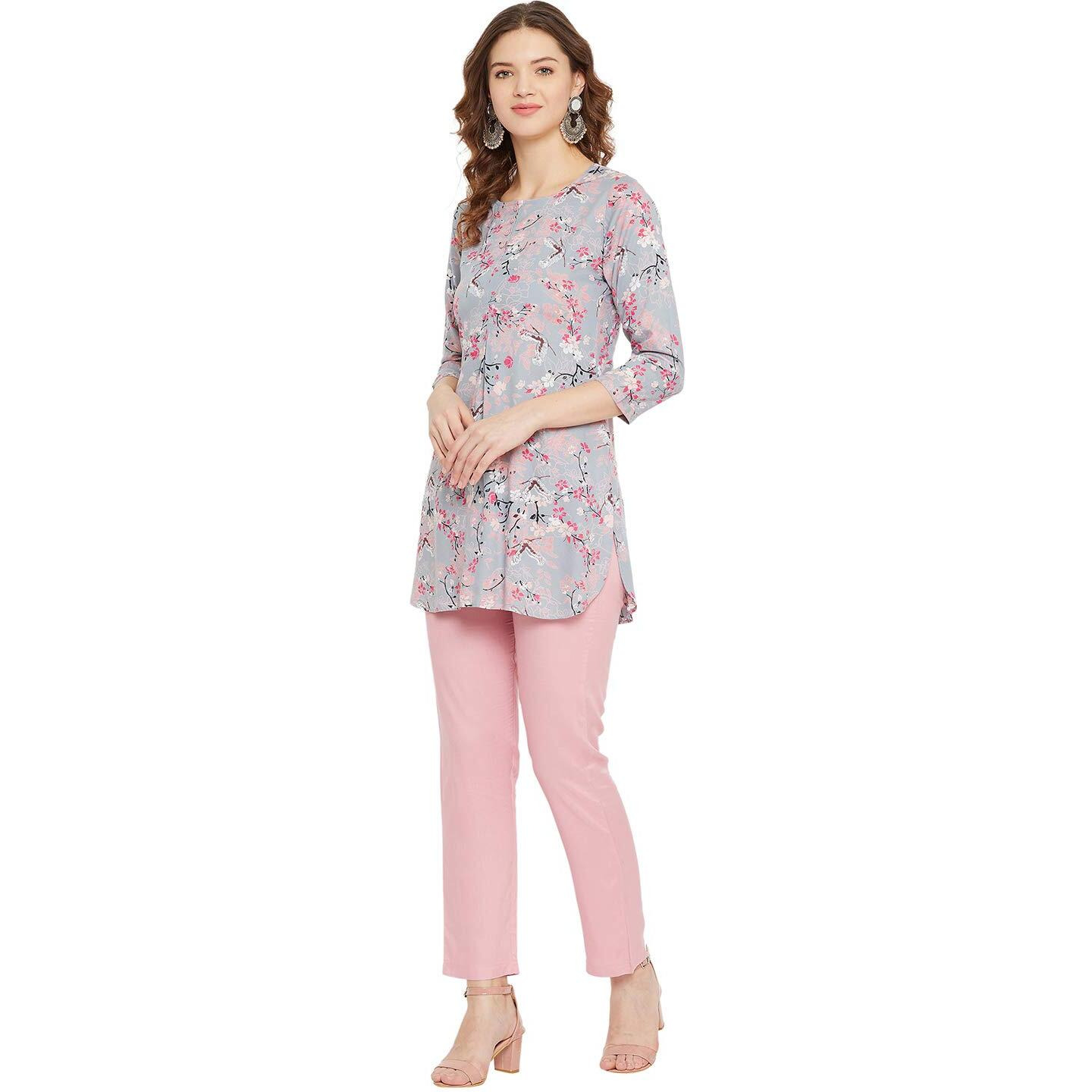 Tissu Women's Grey & Pink Floral Printed Straight Kurti (Blue_M)