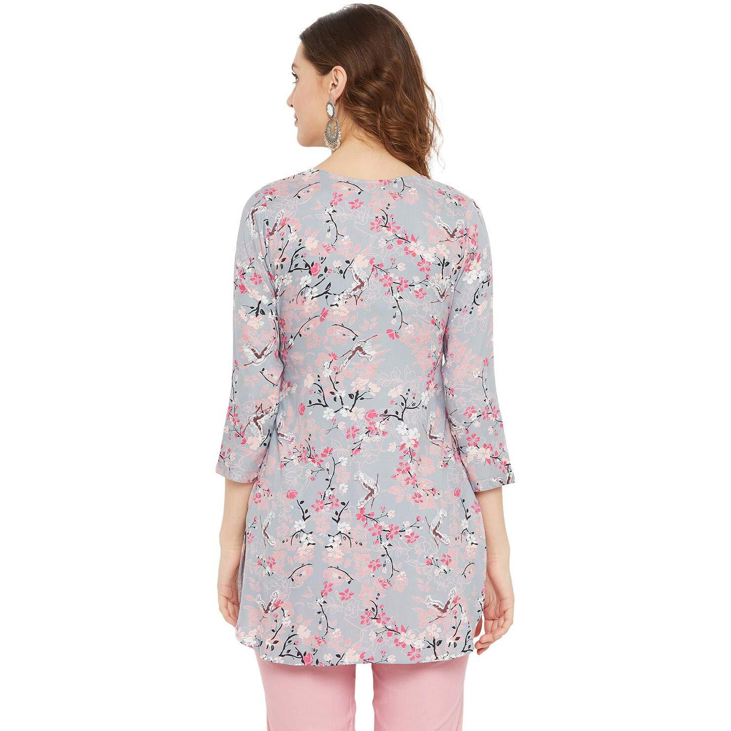 Tissu Women's Grey & Pink Floral Printed Straight Kurti (Blue_M)