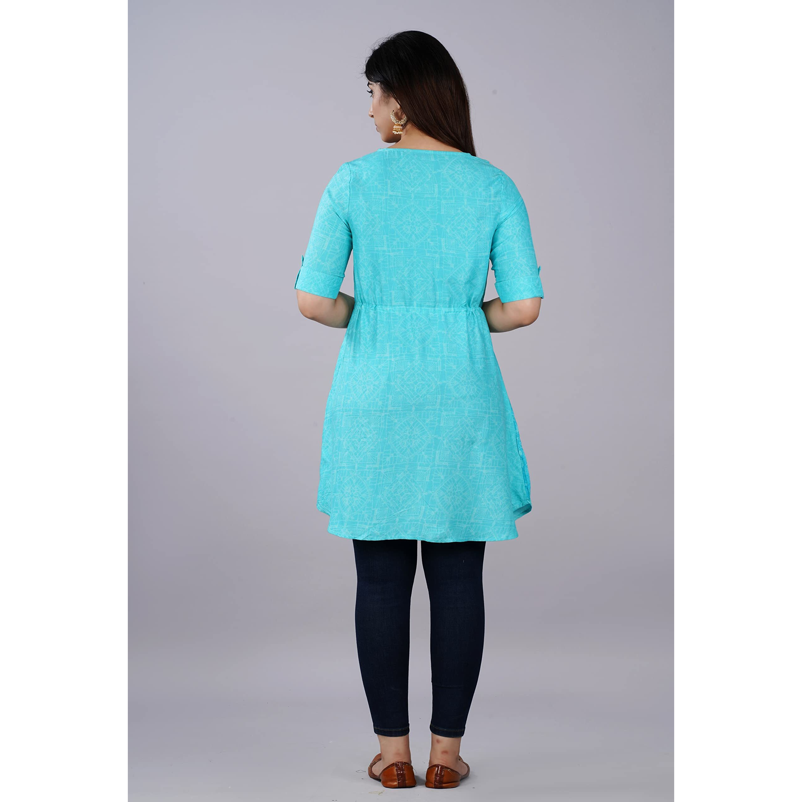 Digital Shopee Rayon Printed Regular Wear Short Kurti | Kurta For Women & Girls (Sky Blue_L)