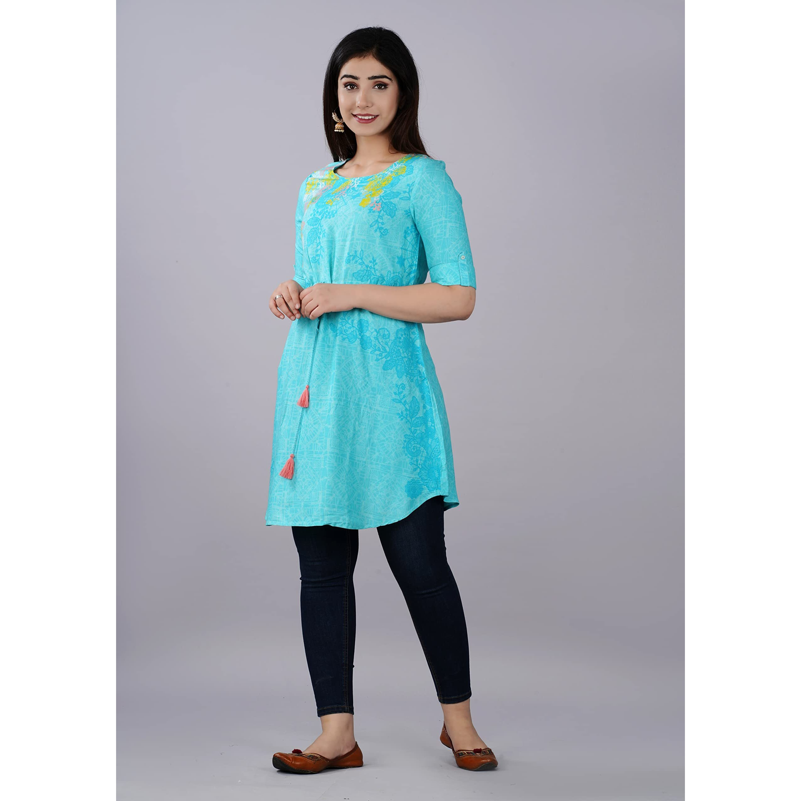 Digital Shopee Rayon Printed Regular Wear Short Kurti | Kurta For Women & Girls (Sky Blue_L)