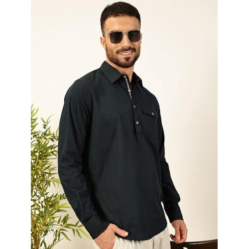 Thomas Scott Men Solid Cotton Linen Kurta Shirt (Ts1531_Navy, 2Xl)