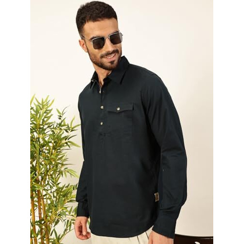 Thomas Scott Men Solid Cotton Linen Kurta Shirt (Ts1531_Navy, 2Xl)