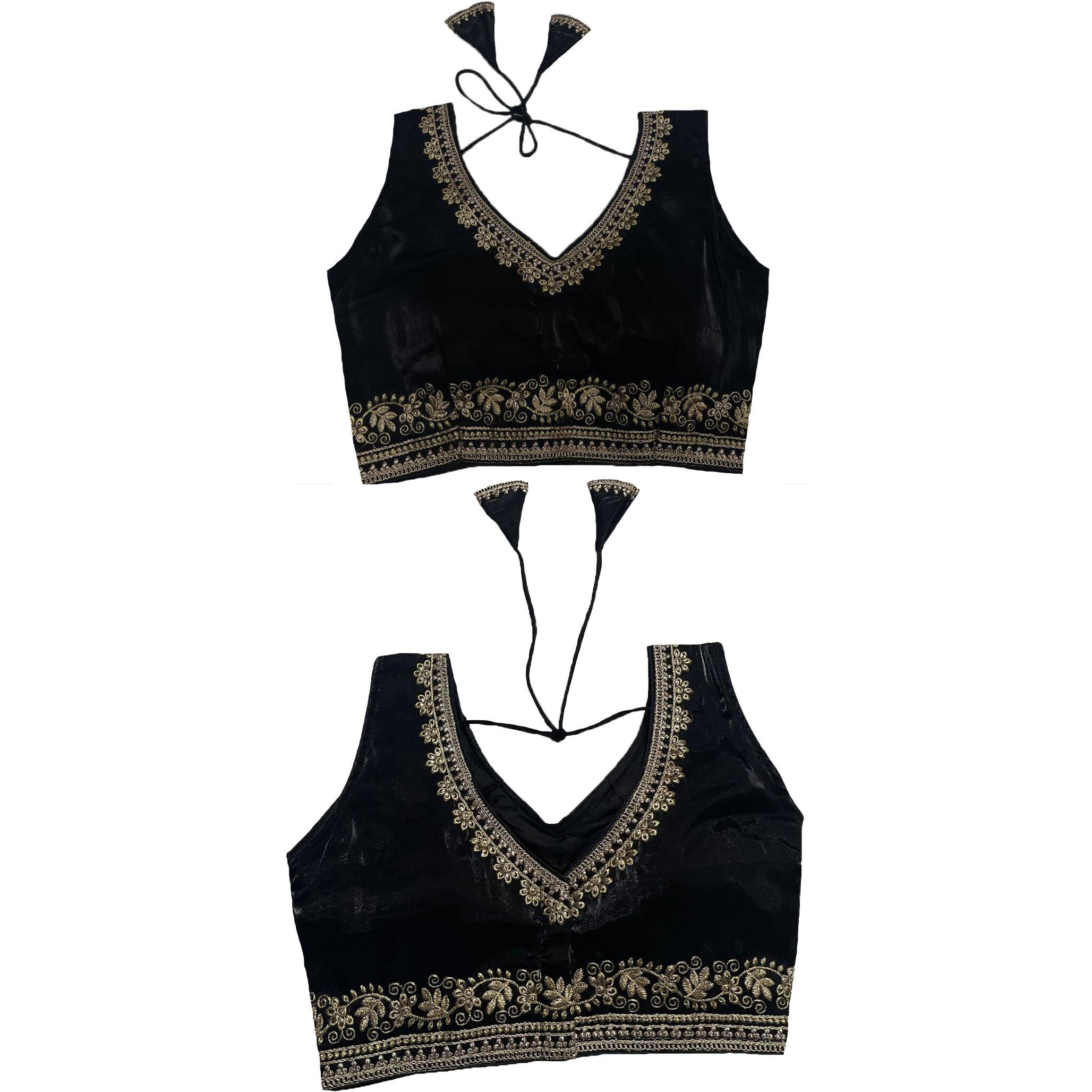 Vihu Fashion Women's Readymade Sleeveless Blouseindian Ethnic Designer Blouse Jimmy Choo Fabric Embroidered V Neck Blouse Back Hook Open Saree Fancy Blouse (Black, 34)