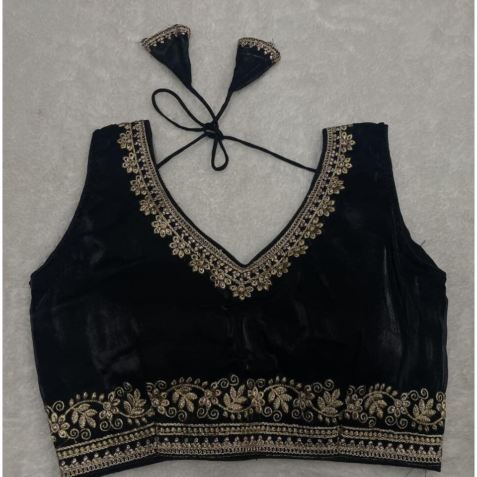 Vihu Fashion Women's Readymade Sleeveless Blouseindian Ethnic Designer Blouse Jimmy Choo Fabric Embroidered V Neck Blouse Back Hook Open Saree Fancy Blouse (Black, 34)