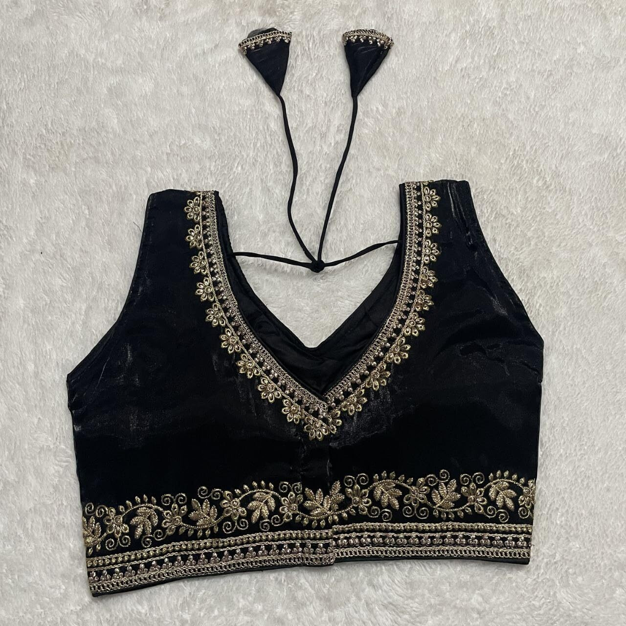 Vihu Fashion Women's Readymade Sleeveless Blouseindian Ethnic Designer Blouse Jimmy Choo Fabric Embroidered V Neck Blouse Back Hook Open Saree Fancy Blouse (Black, 34)