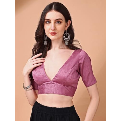 Womanista Silk Women's Dupion Solid Short Sleeve Regular Fit V Neck Blouse (Bl_62_Pink Large)