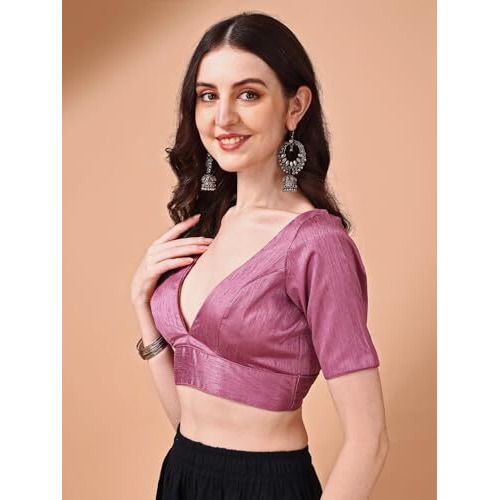 Womanista Silk Women's Dupion Solid Short Sleeve Regular Fit V Neck Blouse (Bl_62_Pink Large)