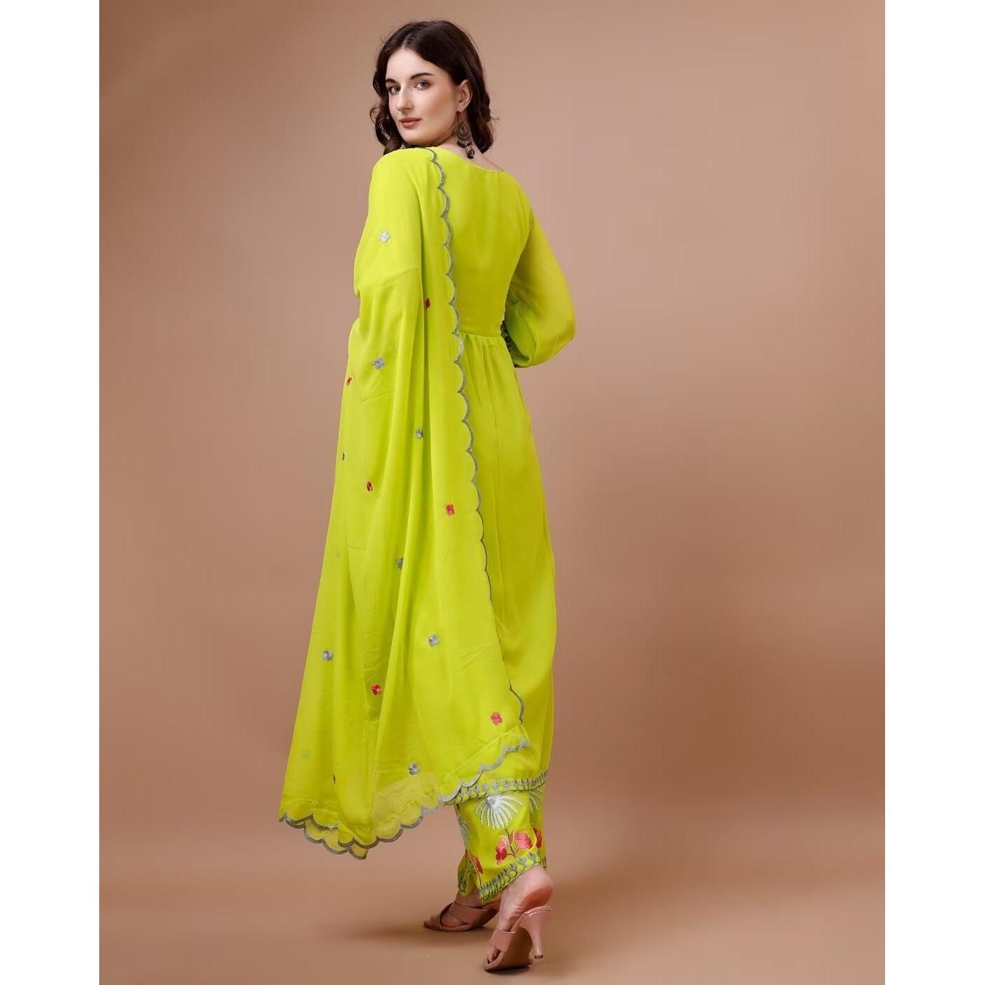 Fashion Basket Women's Faux Georgette Embroidered Straight Kurta With Dupatta (Large, Light Green)