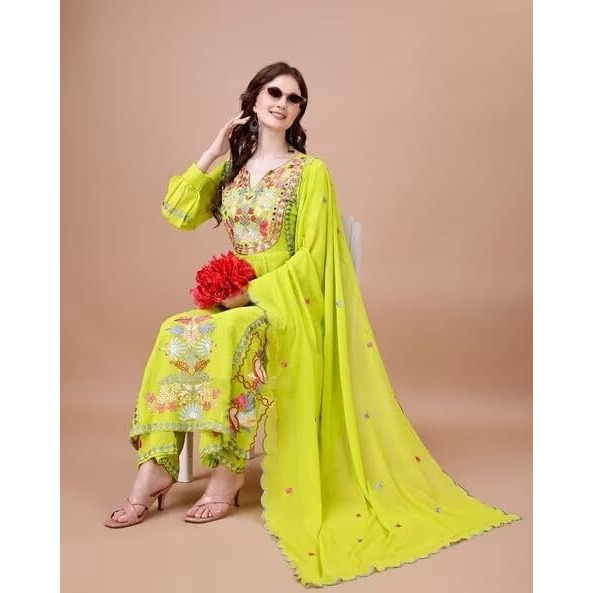 Fashion Basket Women's Faux Georgette Embroidered Straight Kurta With Dupatta (Large, Light Green)