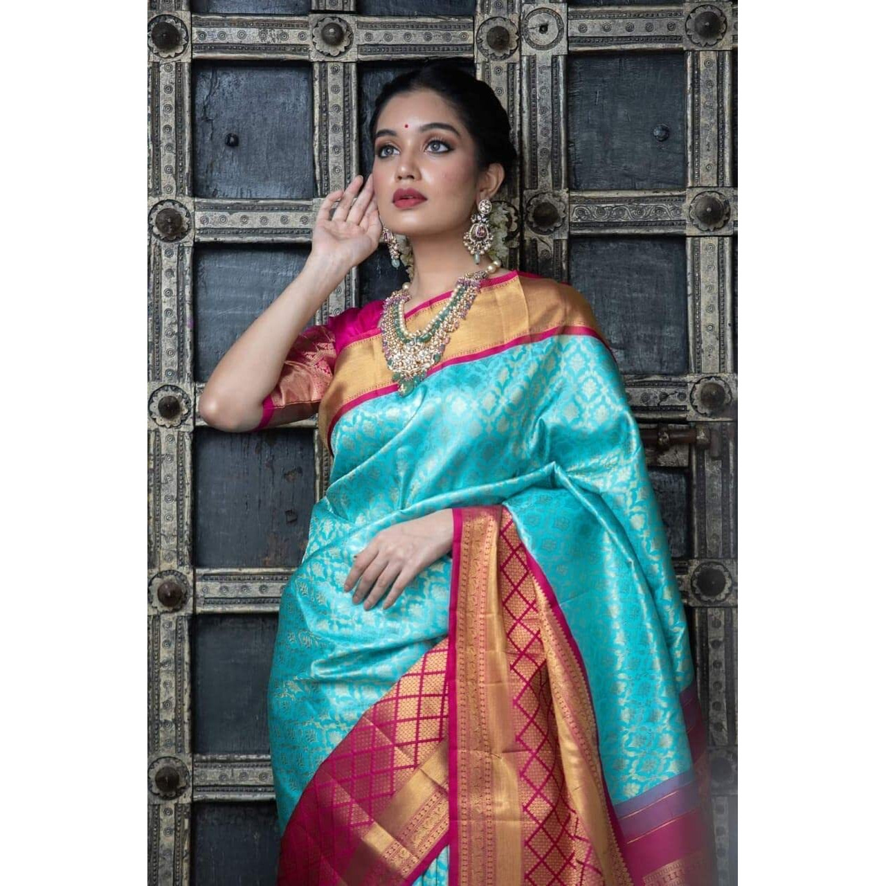 Flosive Ayn Women's Present Banarasi Soft Lichi Silk Saree Beautiful Jacquard Rich Pallu Design Work Zari Woven Silk Style Saree With Soft Lichi Silk Blouse Piece (Sky Blue)