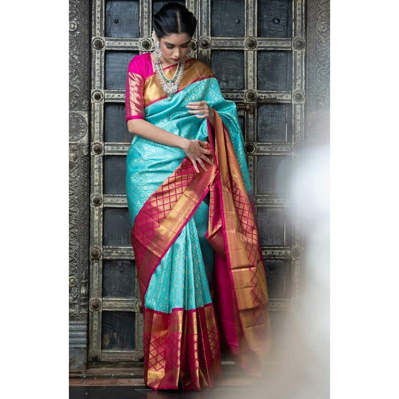 Flosive Ayn Women's Present Banarasi Soft Lichi Silk Saree Beautiful Jacquard Rich Pallu Design Work Zari Woven Silk Style Saree With Soft Lichi Silk Blouse Piece (Sky Blue)