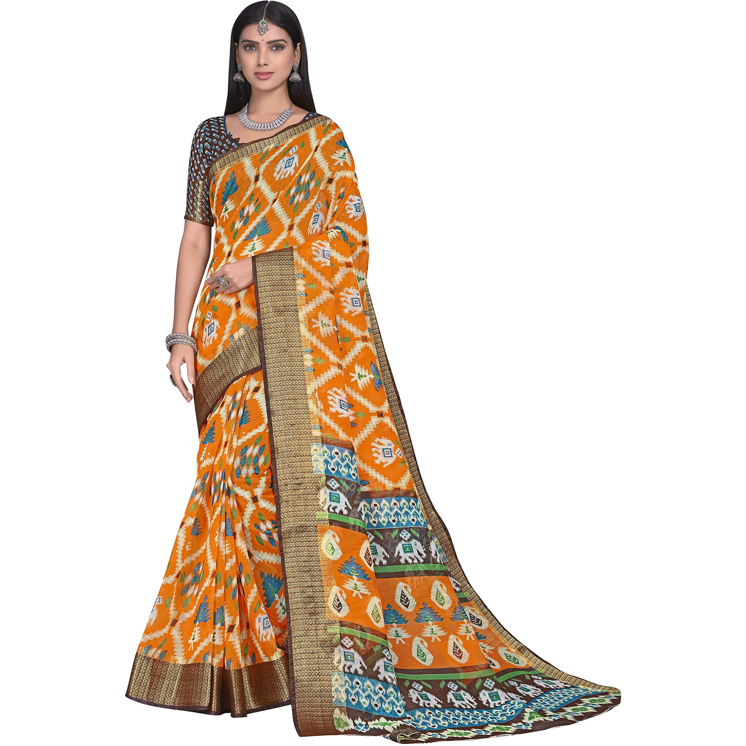 Glory Sarees Womens Cotto Silk Saree With Blouse Piece (Fashion102_Orange)
