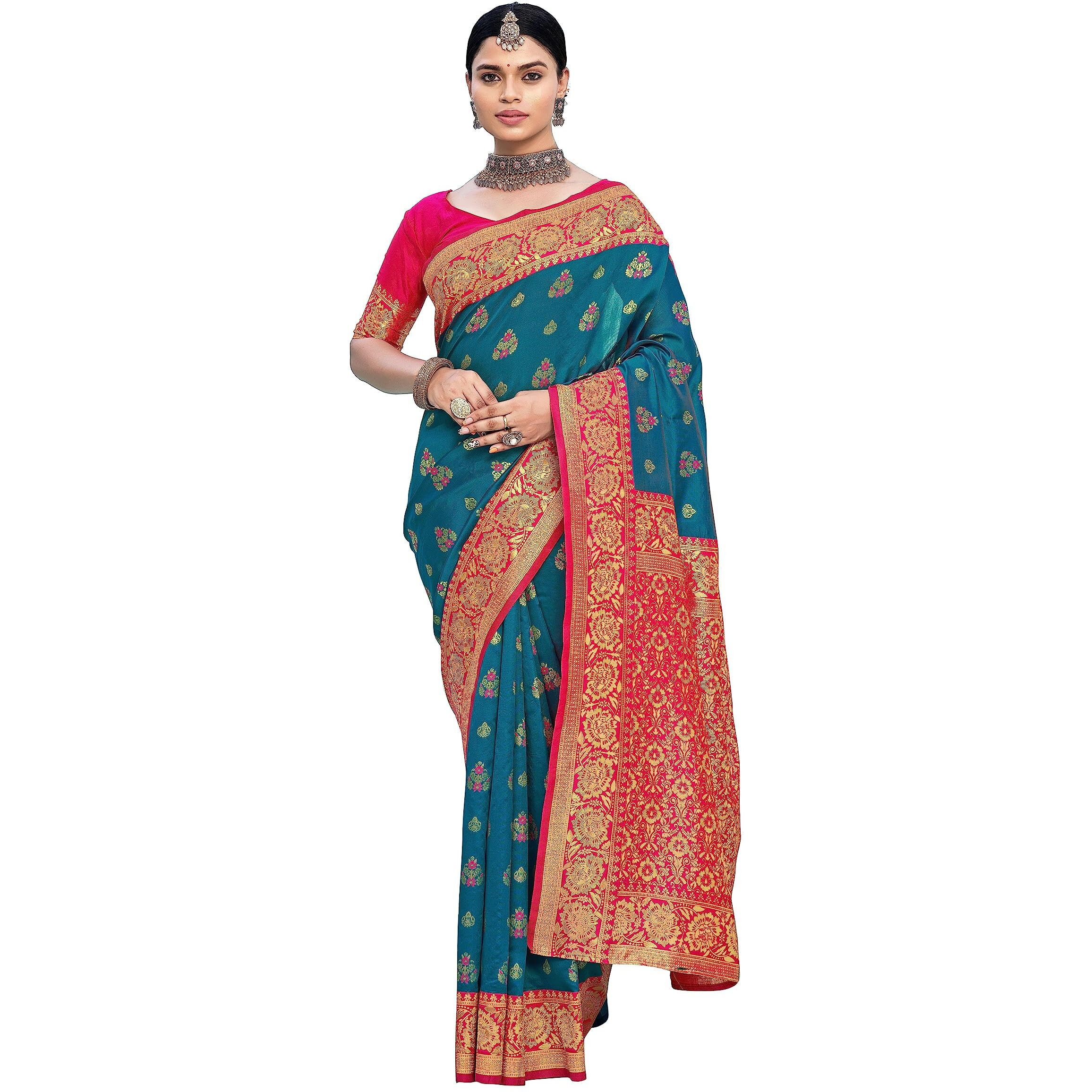 Glory Sarees Womens Banarasi Silk Saree With Blouse Piece (Rich_Silk105_Firozi)