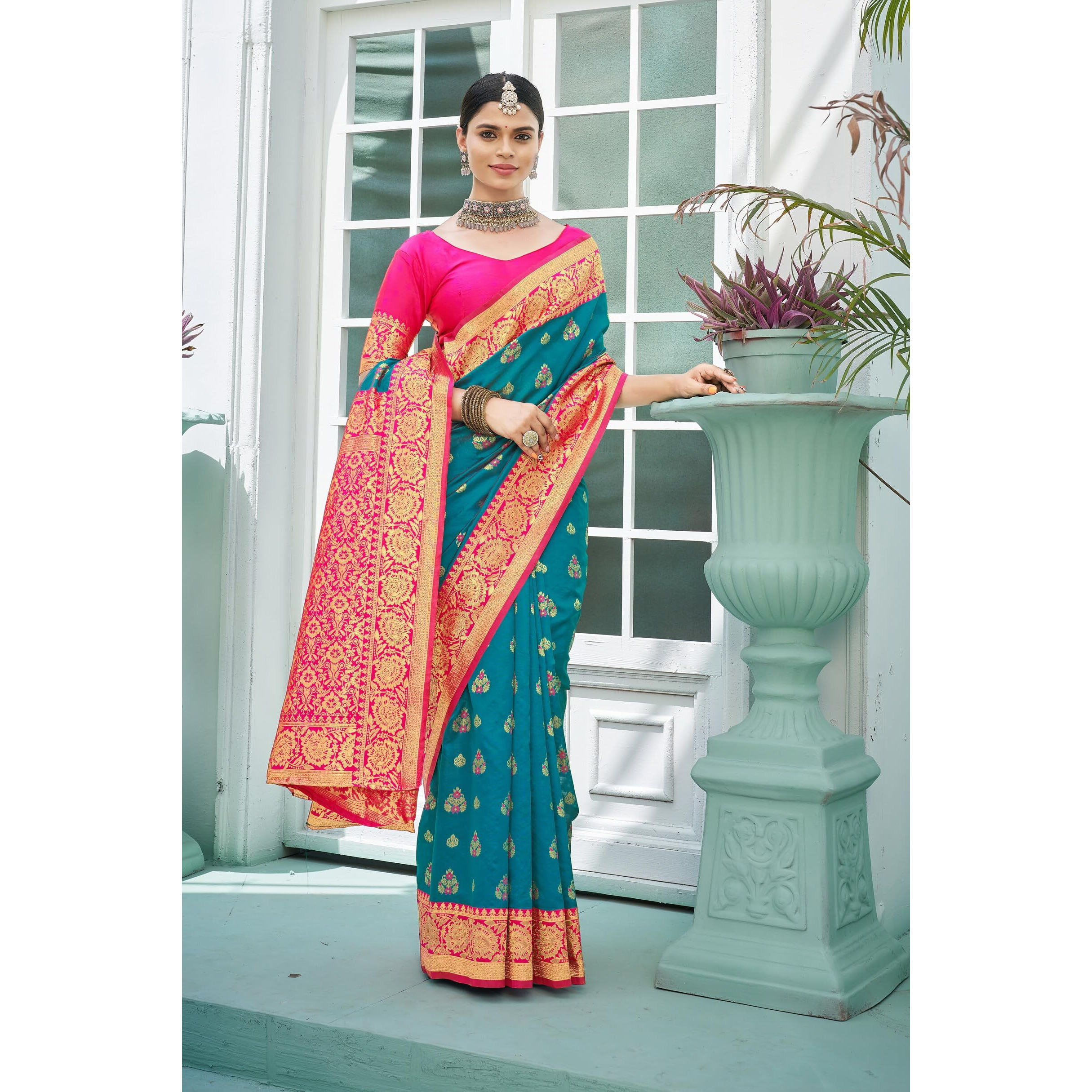 Glory Sarees Womens Banarasi Silk Saree With Blouse Piece (Rich_Silk105_Firozi)