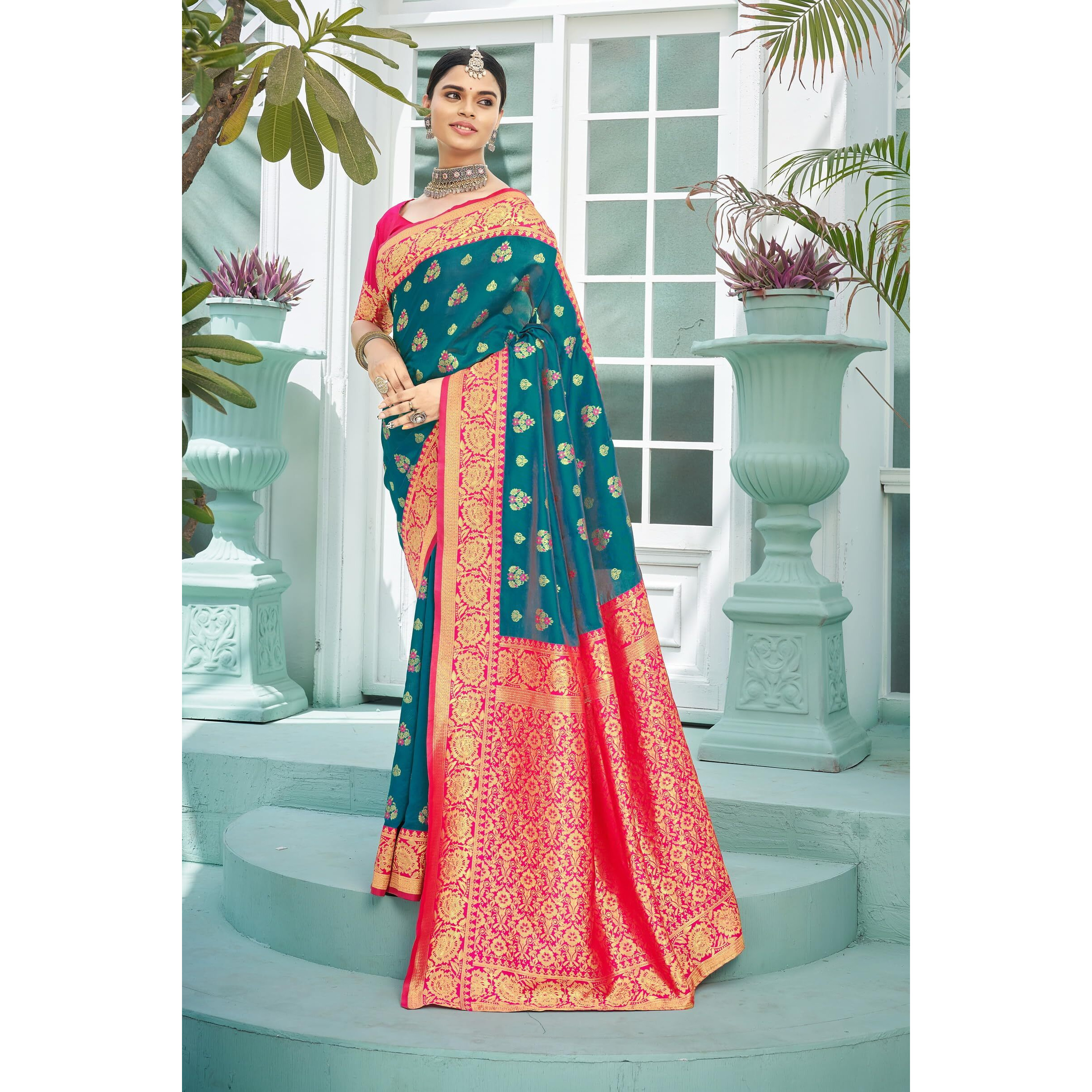 Glory Sarees Womens Banarasi Silk Saree With Blouse Piece (Rich_Silk105_Firozi)