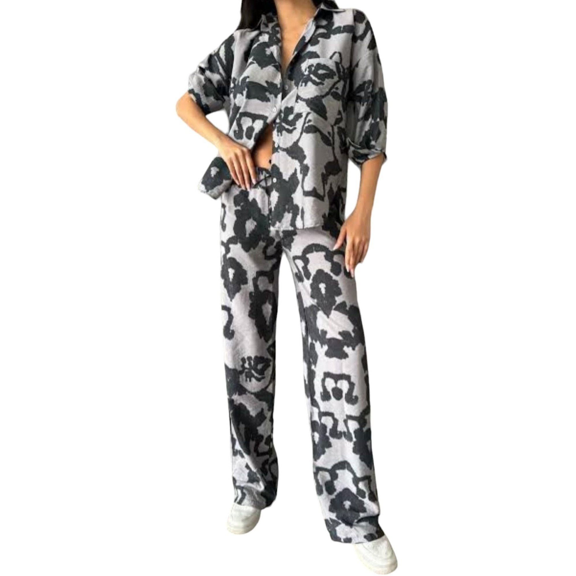 Gufrina Women's Polyester Co-Ord Set With Button-Up Top & Wide Leg Pant 3/4Th Sleeves Collar Neck Printed Pattern Regular Fit And Standard Length