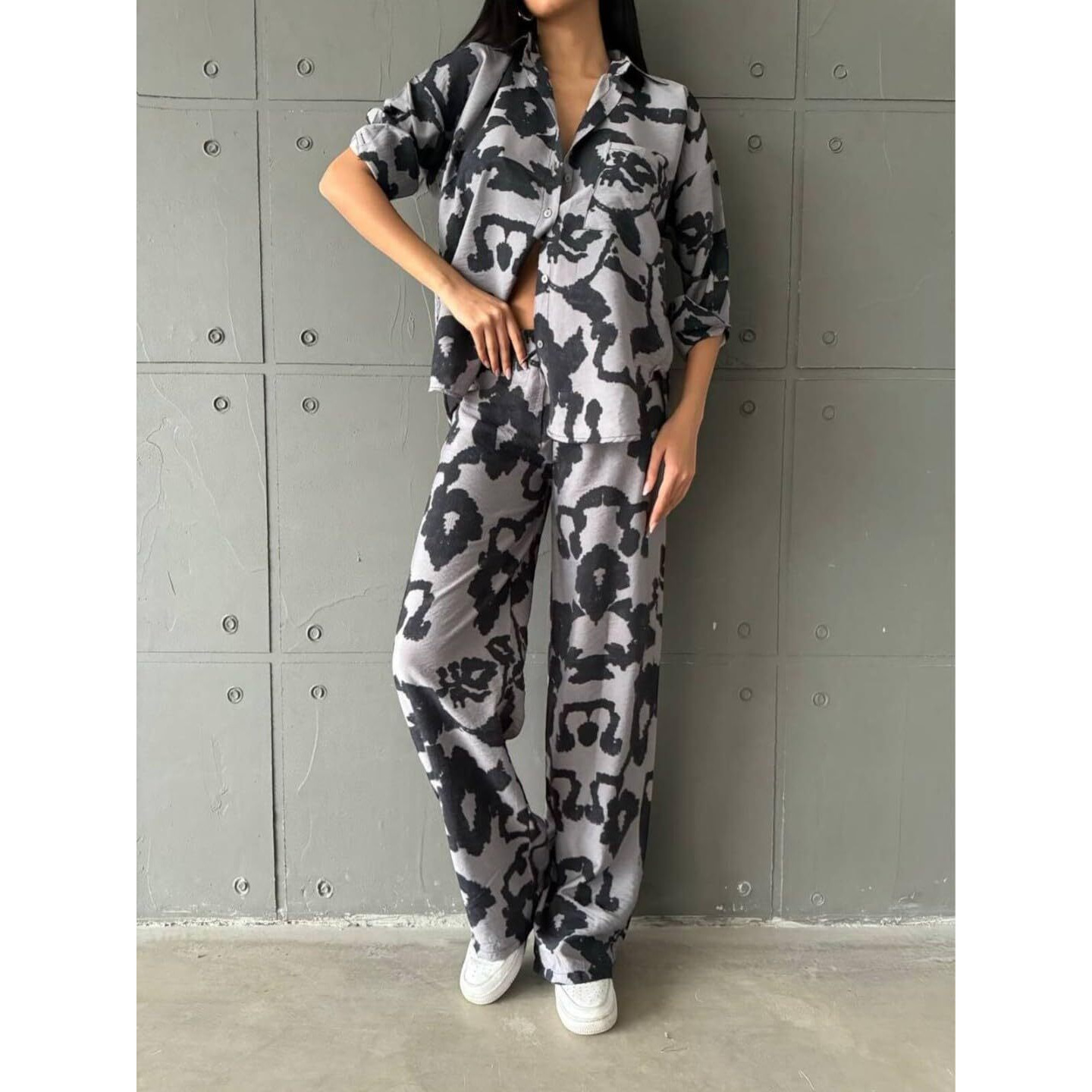 Gufrina Women's Polyester Co-Ord Set With Button-Up Top & Wide Leg Pant 3/4Th Sleeves Collar Neck Printed Pattern Regular Fit And Standard Length