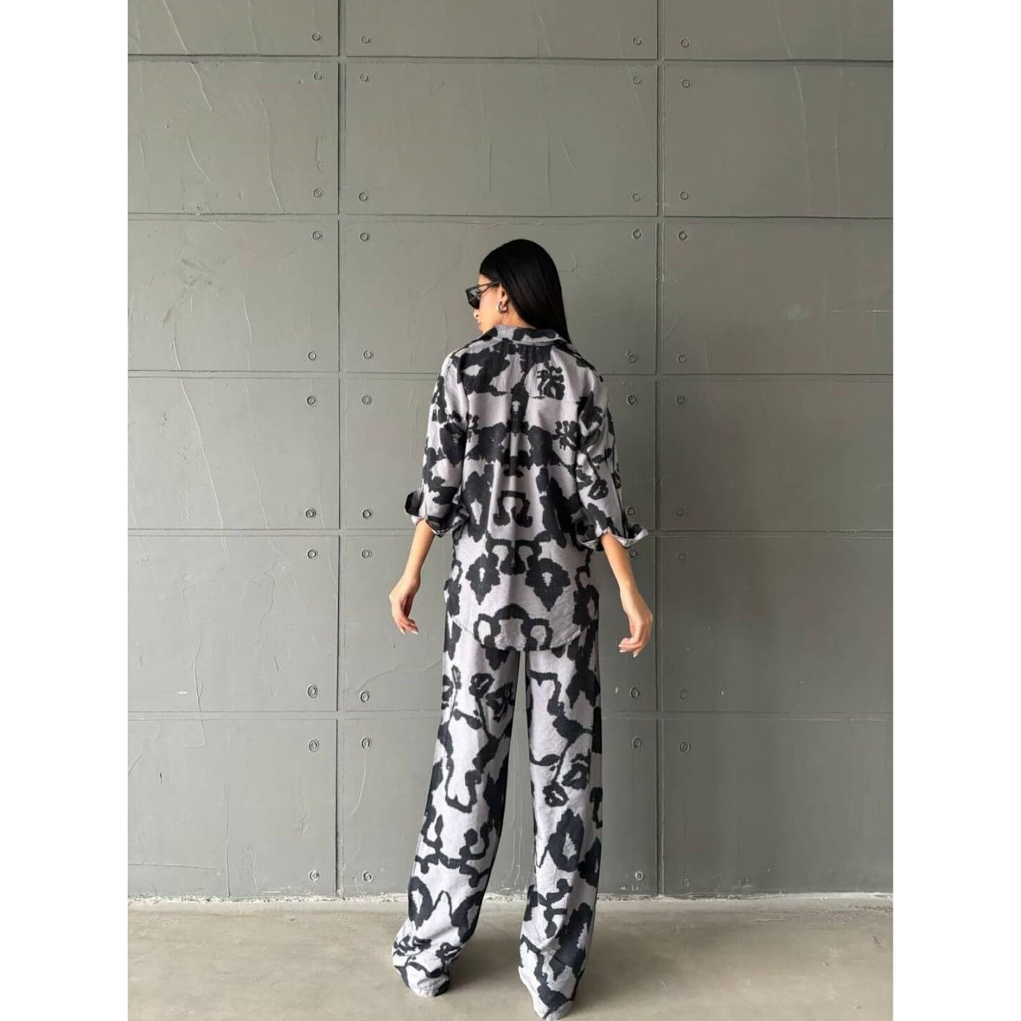 Gufrina Women's Polyester Co-Ord Set With Button-Up Top & Wide Leg Pant 3/4Th Sleeves Collar Neck Printed Pattern Regular Fit And Standard Length