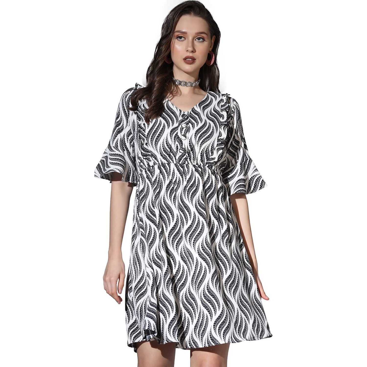 Greciilooks Western Dresses For Women| Crape Western Dress| Flared Dress For Girls| Half Sleeve Western Dress For Women| Dress Perfect For Outing| Short Dresses| Summer Wear (Large, Grey)
