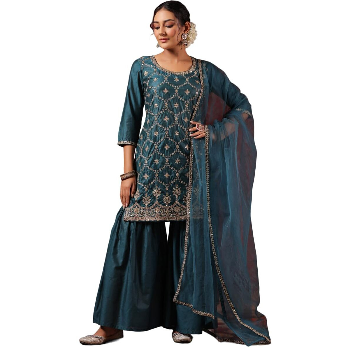 Ishin Women's Poly Silk Self Design Zari Teal Straight Kurta Suit Set With Sharara & Dupatta