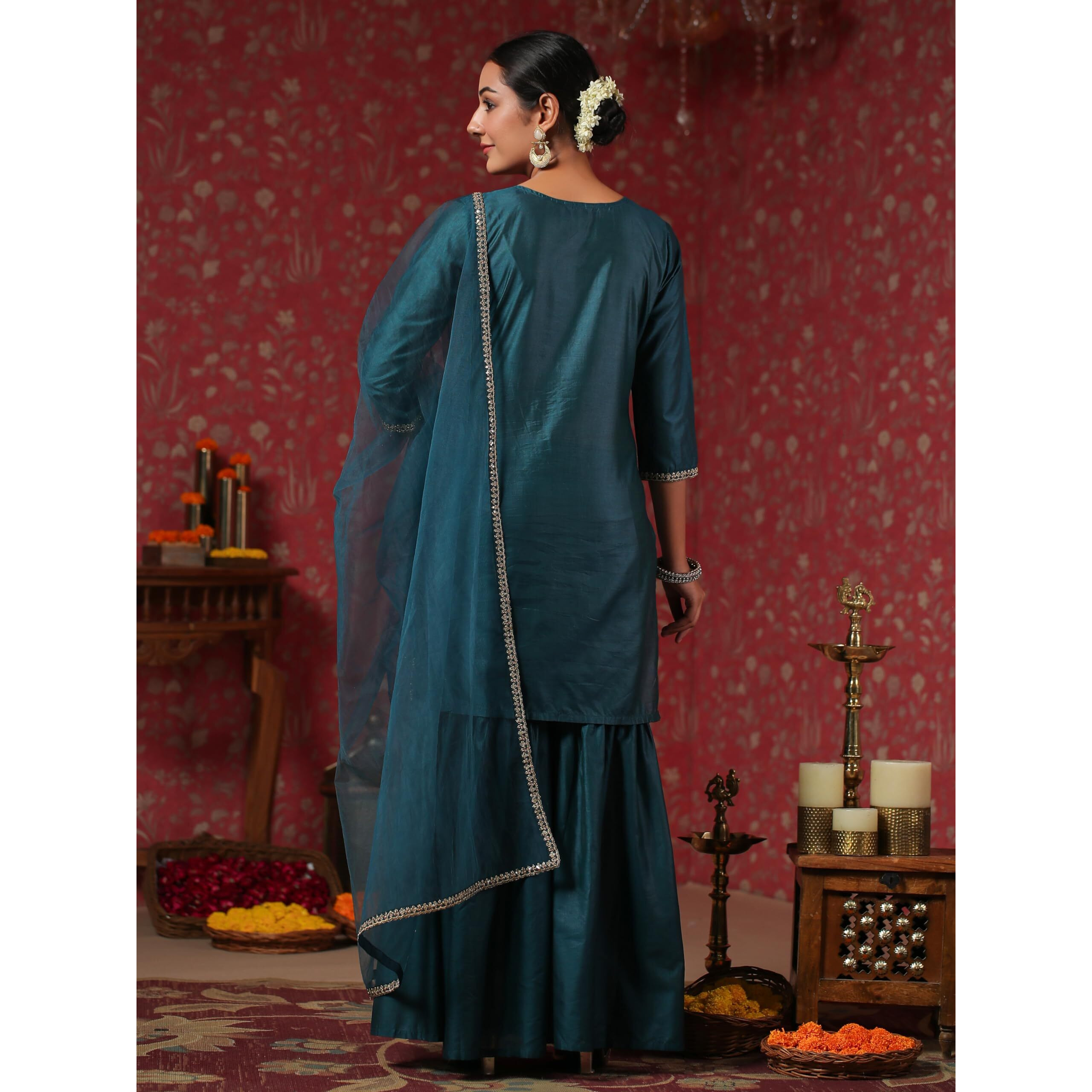 Ishin Women's Poly Silk Self Design Zari Teal Straight Kurta Suit Set With Sharara & Dupatta