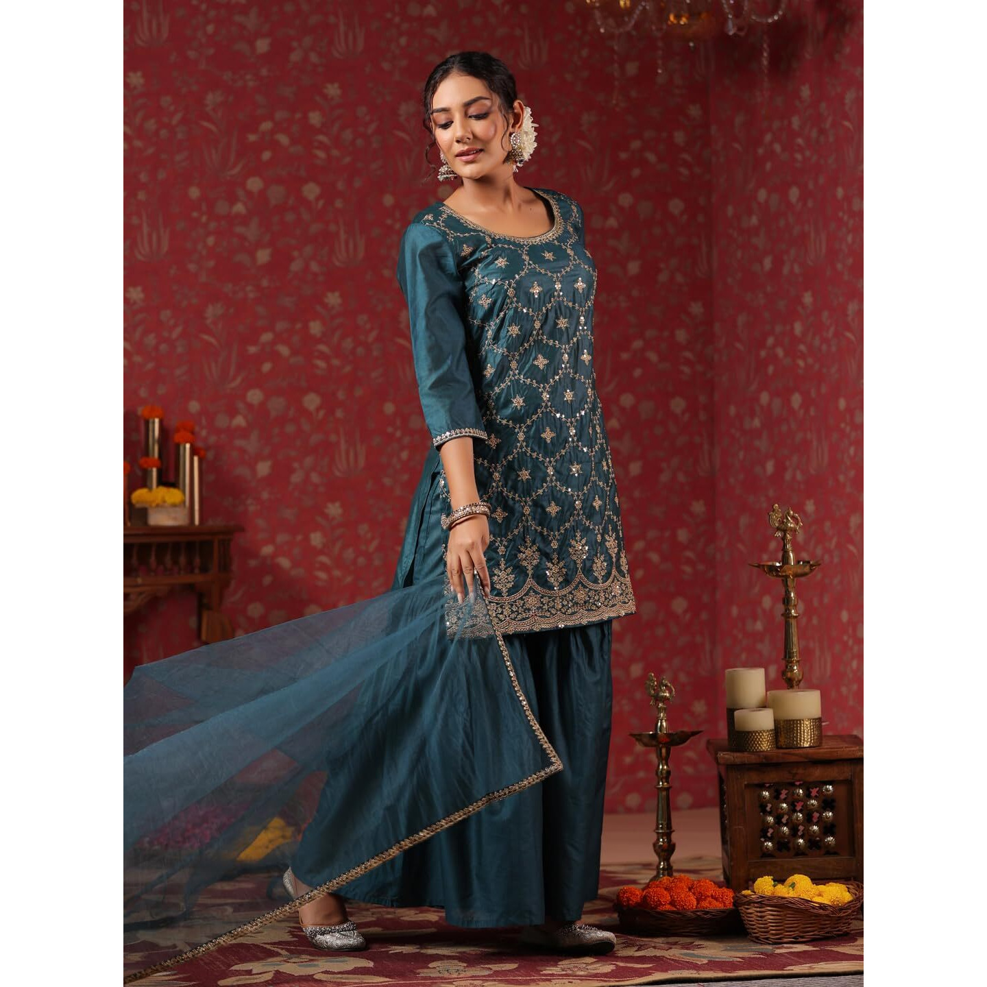 Ishin Women's Poly Silk Self Design Zari Teal Straight Kurta Suit Set With Sharara & Dupatta