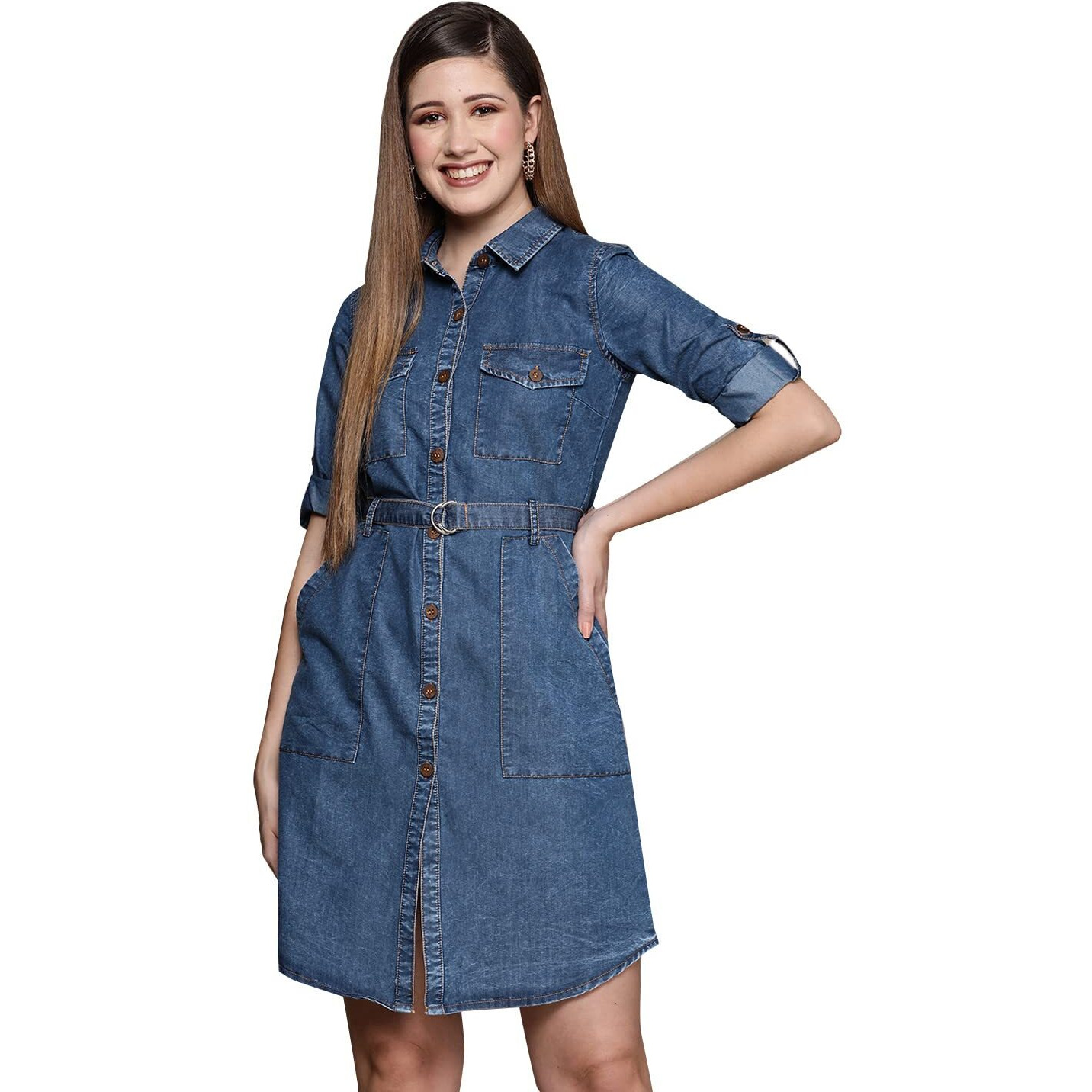 Ishin Women's Knee Length Cotton Solid Blue Shirt Dress Inwto025_Bl_Xs_Blue