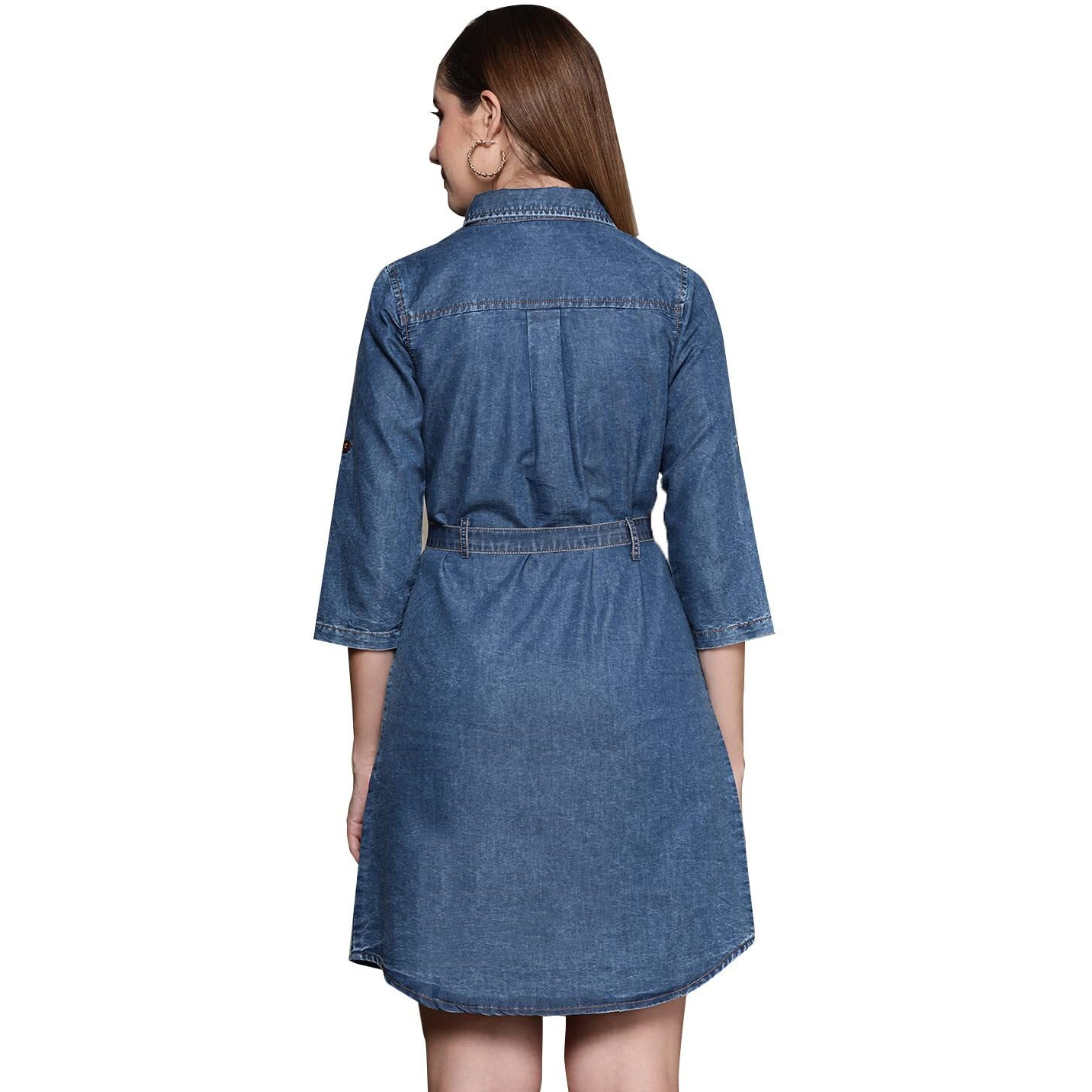 Ishin Women's Knee Length Cotton Solid Blue Shirt Dress Inwto025_Bl_Xs_Blue