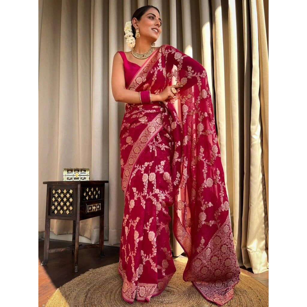 Flosive Women's Kanjivaram Silk Saree With Weaving Work Gold Zari With Blouse (Ruby Pink)