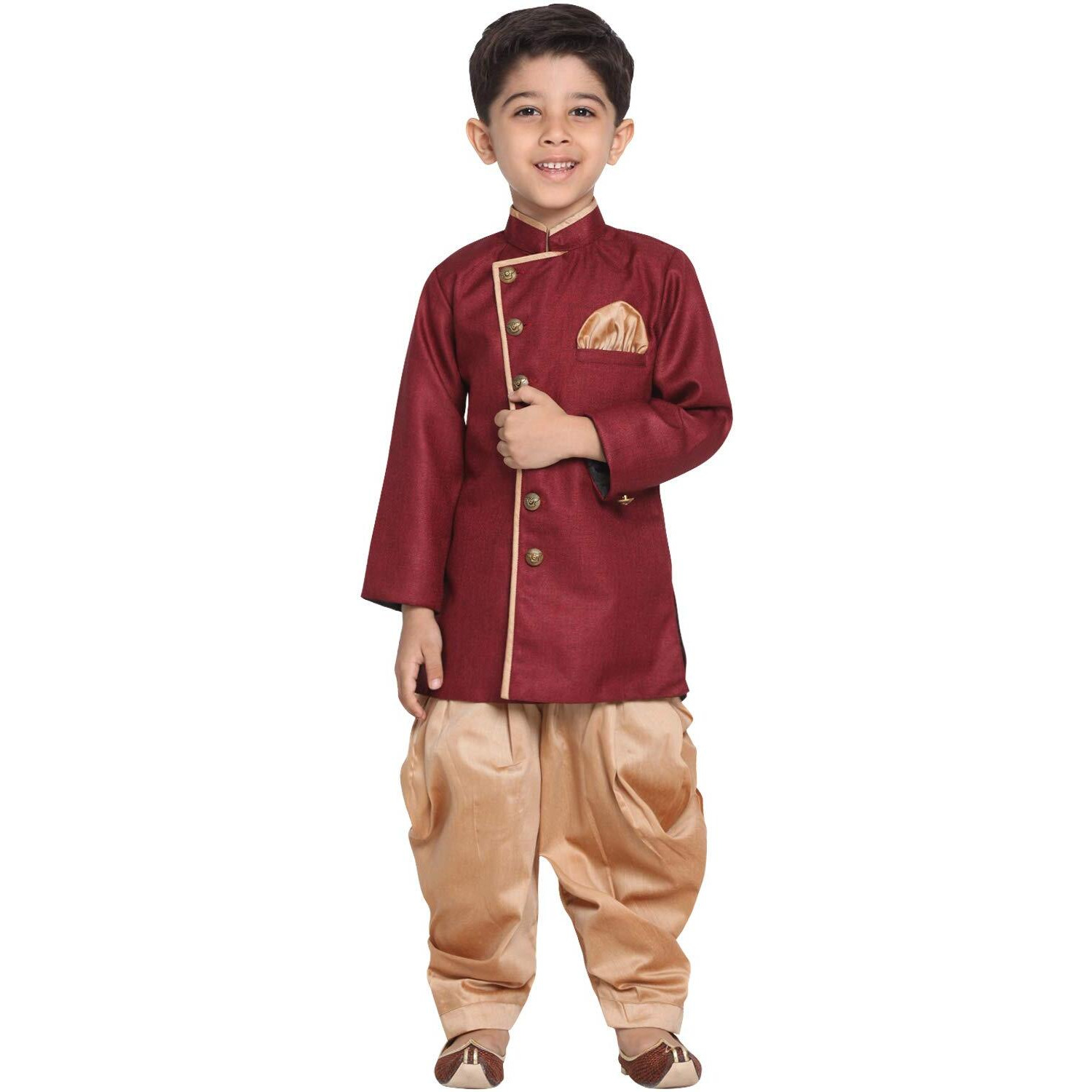 Jbn Creation Boys' Maroon And Rose Gold Cotton Blend Sherwani And Dhoti Pant Set_Jbnbciw124Mancdrg_16