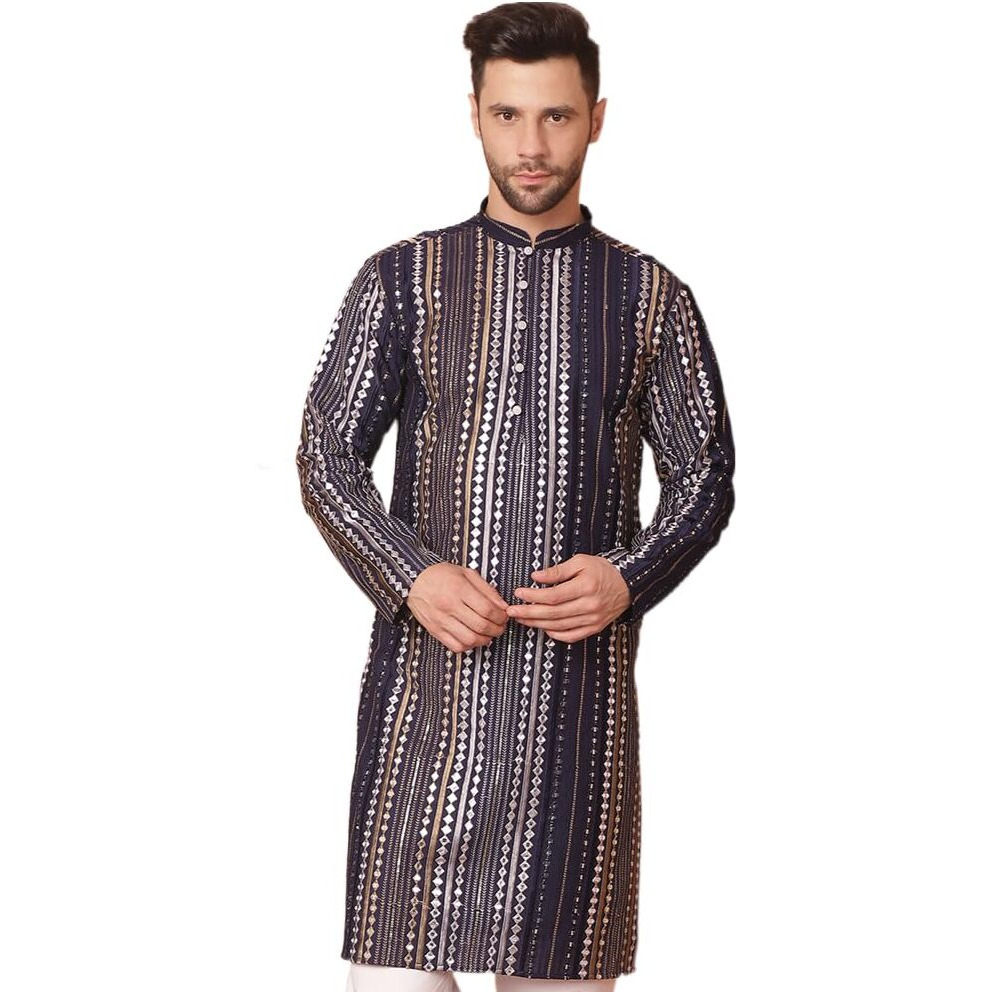 Jompers Men Navy Mirror Work Kurtas (Navy, Xl)