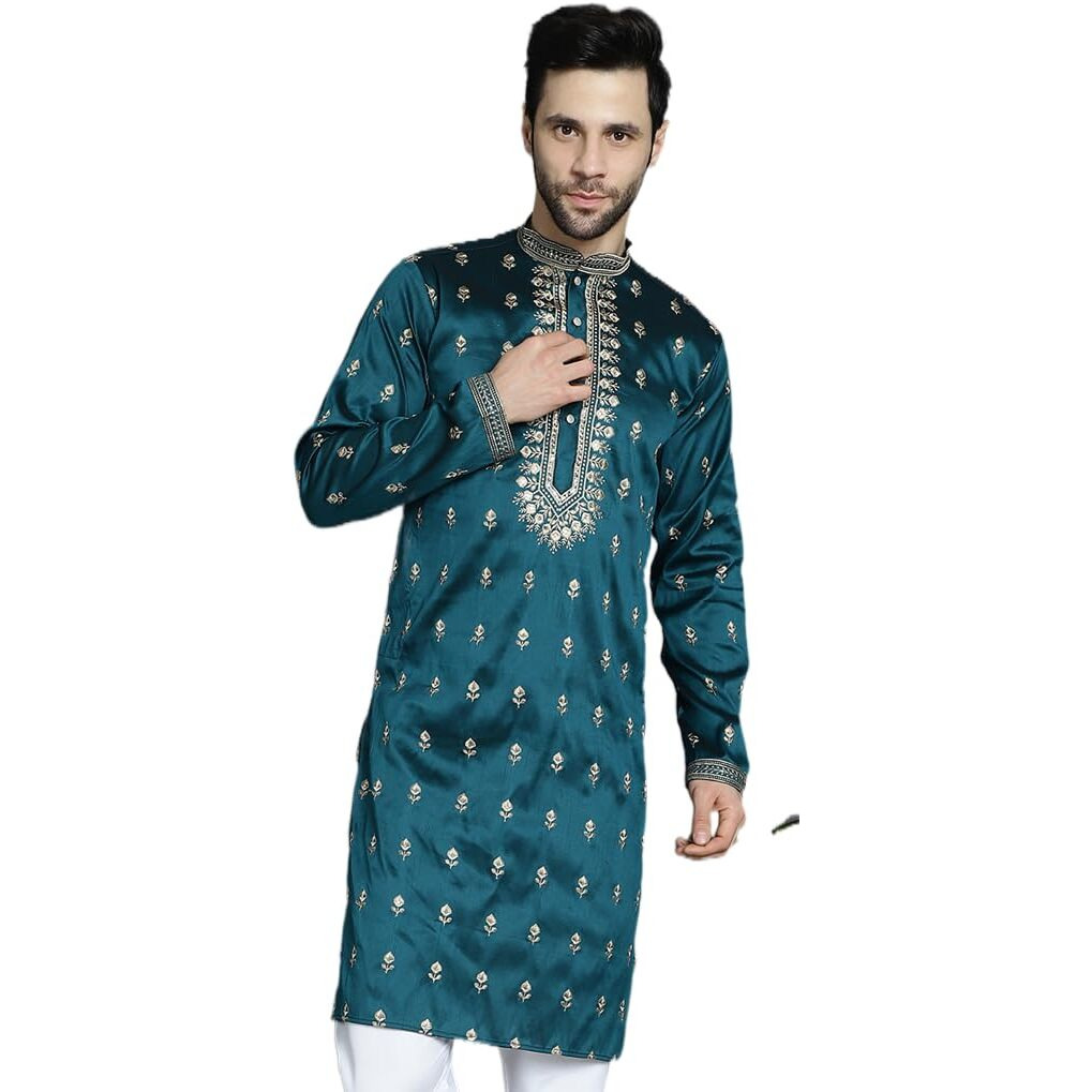 Jompers Men's Peacock Chikankari Embroidered Kurtas (Peacock, M)