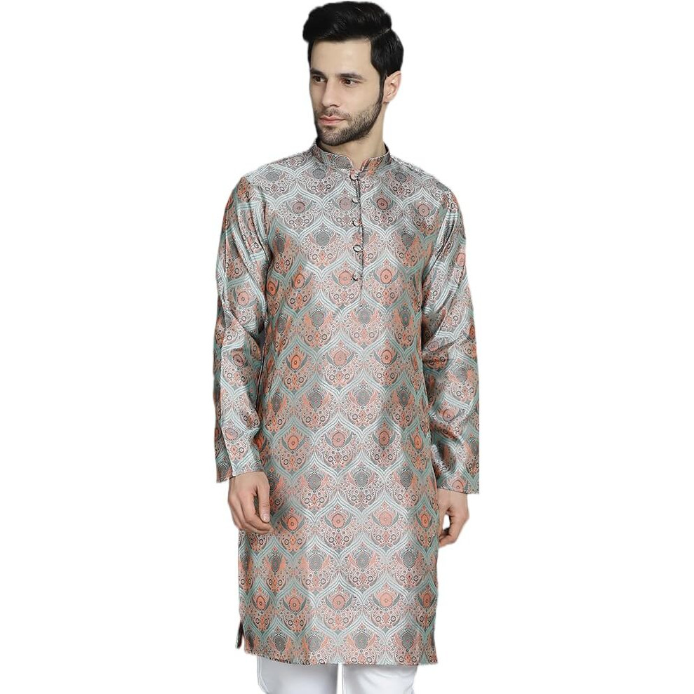Jompers Men's Silver Silk Blend Straight Kurtas (Silver, S)