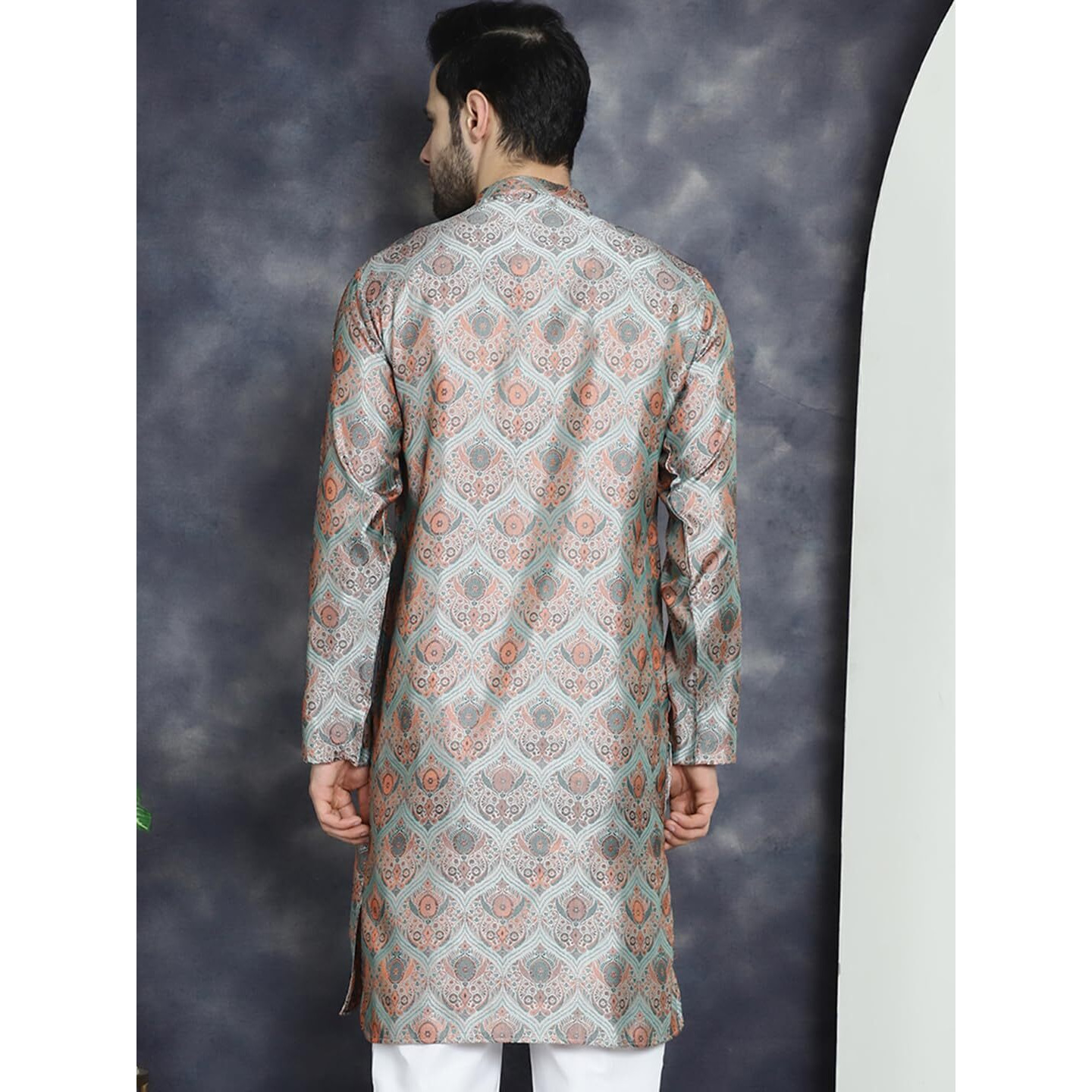 Jompers Men's Silver Silk Blend Straight Kurtas (Silver, S)