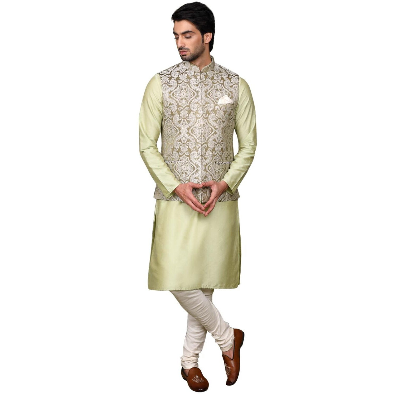 Kisah Men's Ethnic Wear Regular Fit Silk Blend Embroidered Olive-White Kurta Churidar And Jacket Set, L